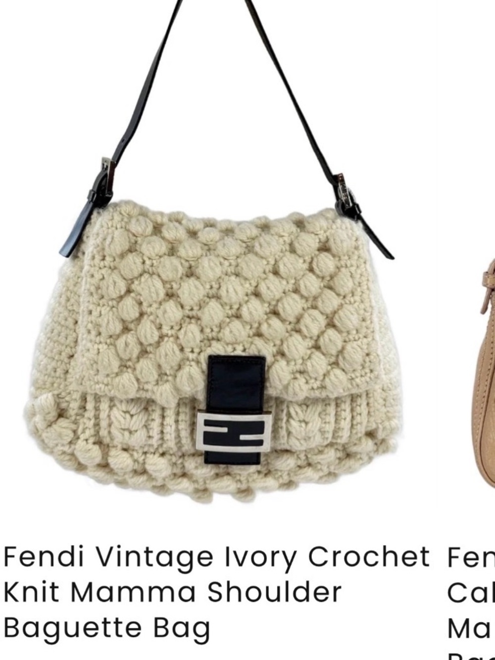 Fendi Ivory Crochet Shoulder Bag with Black Strap and Buckle